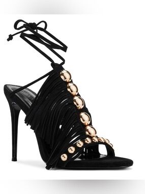 Jennifer Le Black Fringe Lace-Up Stiletto Sandal with Gold Studs